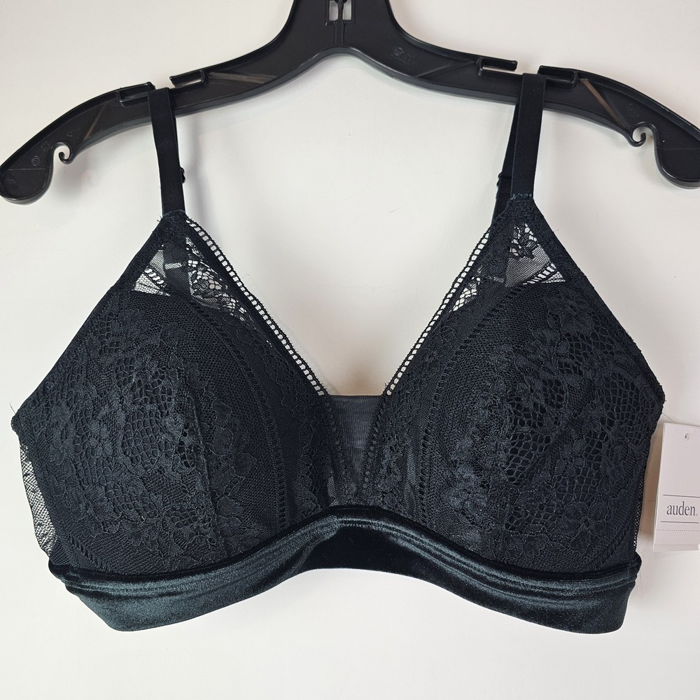Auden NWT Black Lightly Lined Lace Bralette L Mesh Triangle‎ Velvet Wireless